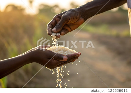 Hands pouring rice into another hand in a field during golden hour light 129636911