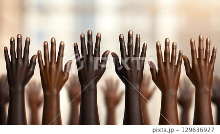 Raised dark skinned hands against a blurred city background showing unity 129636927