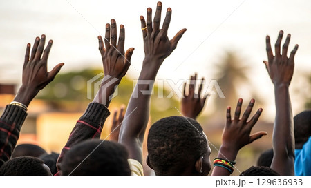 A group of people raising their hands up in the air at an outdoor event A group of people raising their hands up in the air at an outdoor event 129636933