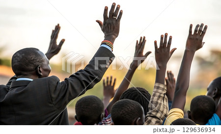 People raising their hands in a group with a man in a suit in the foreground People raising their hands in a group with a man in a suit in the foreground 129636934