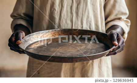 An African man standing still holding an empty plate in his hands showing the deep struggle of poverty and hunger 129636945