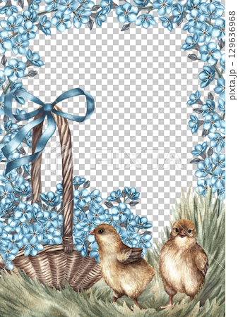 Easter card. Cute chicks on the grass surrounded by forget-me-nots and a wicker basket with flowers. Hand-drawn watercolor illustration. For making greeting cards and Easter invitations. For packaging 129636968