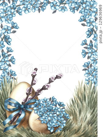 Easter card. A decorated egg on the grass surrounded by forget-me-nots. Hand-drawn watercolor illustration. For making Easter greeting cards and invitations. For packaging, labels, posters, and flyers 129636969