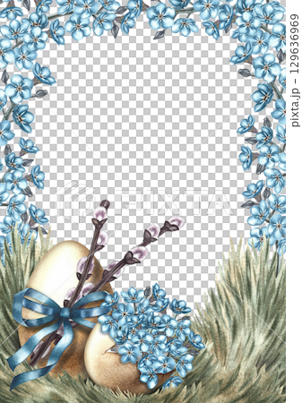 Easter card. A decorated egg on the grass surrounded by forget-me-nots. Hand-drawn watercolor illustration. For making Easter greeting cards and invitations. For packaging, labels, posters, and flyers 129636969