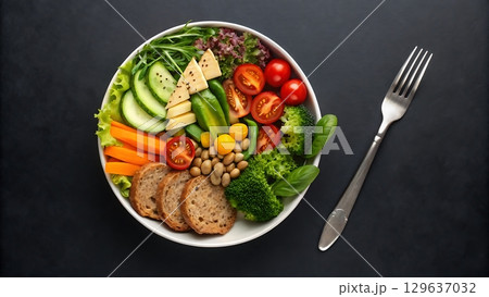 colorful meal of fresh vegetables and bread colorful meal of fresh vegetables and bread 129637032