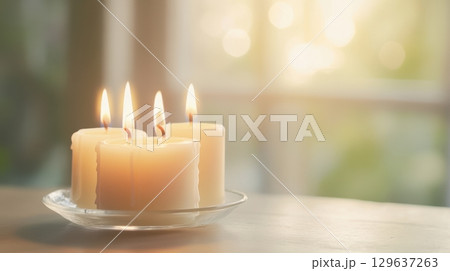 Meditative candle plate with vintage glass and pastel wax, perfect for relaxing interiors. Meditative candle plate with vintage glass and pastel wax, perfect for relaxing interiors. 129637263