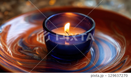 Intimate wax art ritual with flame reflection and textured colors. 129637270