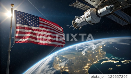 American flag waving in space with earth and space station in background 129637295