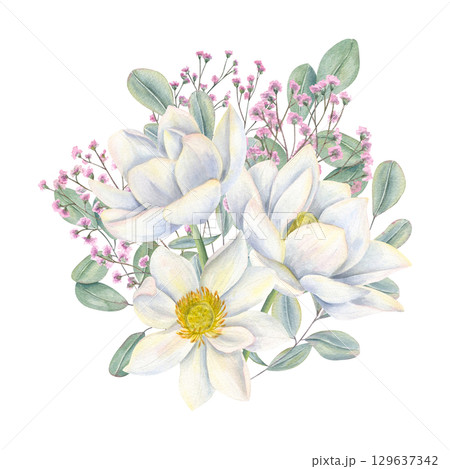Watercolor bouquet of white lotuses, pink gypsophila, and eucalyptus leaves on isolated background. Water lilies, baby breath plant, leaves illustration for wedding invitations, feminine packaging. 129637342