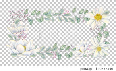 Watercolor white lotus flower heads, pink gypsophila branch and eucalyptus leaves horizontal rectangle frame on isolated background. Floral border for wedding invitations, birthday greeting cards. 129637346