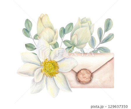 White blooming lotus with buds, eucalyptus and sealed envelope watercolor illustration on isolated background. Romantic vintage composition with flowers and paper letter for Valentine Day invitation. 129637350