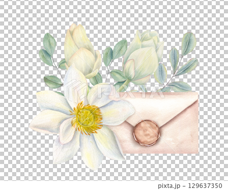 White blooming lotus with buds, eucalyptus and sealed envelope watercolor illustration on isolated background. Romantic vintage composition with flowers and paper letter for Valentine Day invitation. 129637350