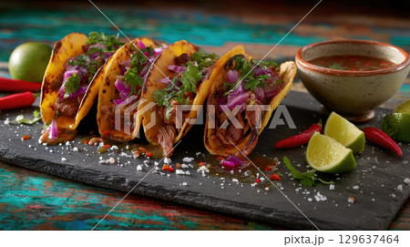 Grilled street-style tacos with Thai chili pepper sauce and fresh herbs on a rustic surface. Fusion cuisine with dramatic shadows and global culinary appeal. 129637464