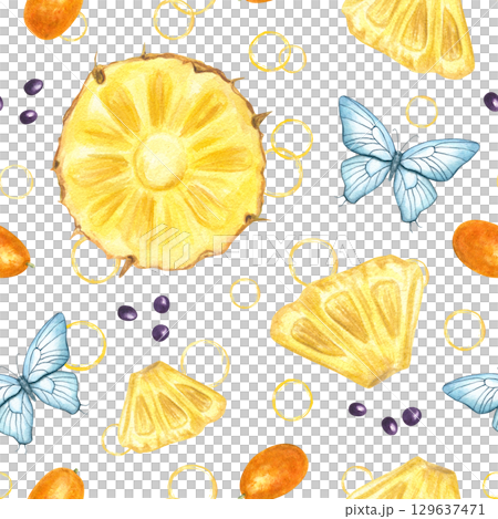 Yellow pineapple slices and blue butterflies watercolor seamless pattern on isolated background. Hand painted tropical fruits and moth ornate for summer textiles, wallpaper designs, home decor. Yellow pineapple slices and blue butterflies watercolor seamless pattern on isolated background. Hand painted tropical fruits and moth ornate for summer textiles, wallpaper designs, home decor. 129637471