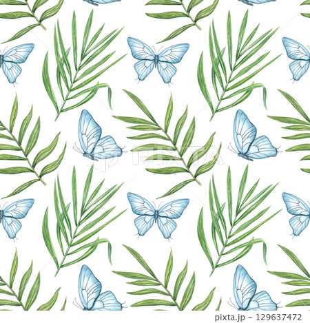 Tropical leaves watercolor seamless pattern isolated background. Hand painted monstera, philodendron, areca palm leaf illustration for wallpaper, textile design, packaging, summer decor 129637472