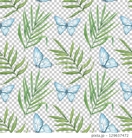 Tropical leaves watercolor seamless pattern isolated background. Hand painted monstera, philodendron, areca palm leaf illustration for wallpaper, textile design, packaging, summer decor 129637472