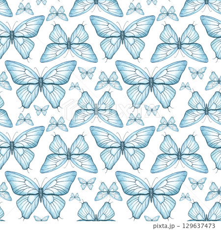 Seamless dense pattern of flying abstract blue moths on isolated background. Hand painted butterflies watercolor illustration. Monochrome ornate for gender party decor, baby shower party, celebration. 129637473