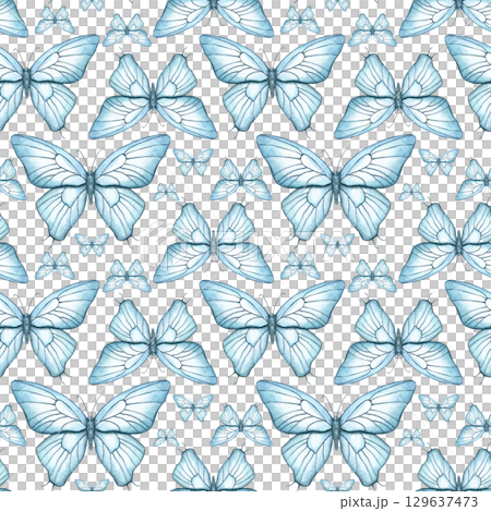Seamless dense pattern of flying abstract blue moths on isolated background. Hand painted butterflies watercolor illustration. Monochrome ornate for gender party decor, baby shower party, celebration. Seamless dense pattern of flying abstract blue moths on isolated background. Hand painted butterflies watercolor illustration. Monochrome ornate for gender party decor, baby shower party, celebration. 129637473