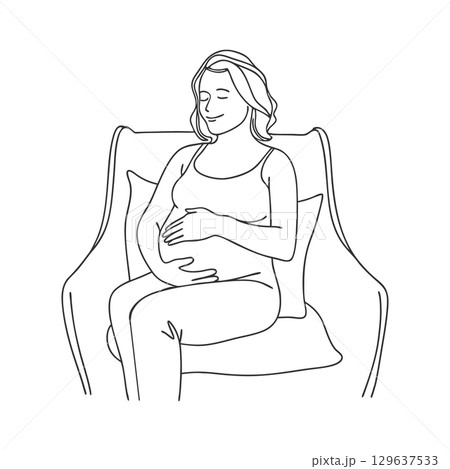 Pregnant woman sitting in a chair holding her belly. Sketch. Outline drawing. 129637533