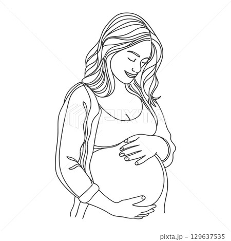 Happy pregnant woman holding her belly. Sketch, line illustration. Happy pregnant woman holding her belly. Sketch, line illustration. 129637535