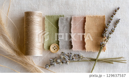 Earth-toned fabric swatches, jute thread and lavender styled on textured paper in soft natural daylight - perfect for craft or textile branding 129637587