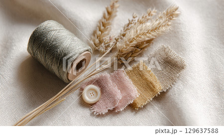 Earth-toned fabric swatches, jute thread and lavender styled on textured paper in soft natural daylight - perfect for craft or textile branding 129637588