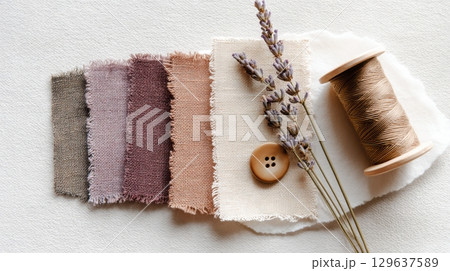 Flatlay of linen fabric swatches in warm earthy tones with jute thread spool, ceramic button and dried lavender on handmade paper in diffused soft daylight 129637589