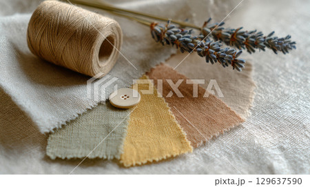 Flatlay of linen fabric swatches in warm earthy tones with jute thread spool, ceramic button and dried lavender on handmade paper in diffused soft daylight 129637590
