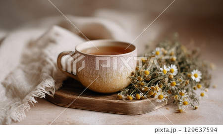 Rustic herbal tea scene with cozy textures, organic mood and muted color palette, ideal for calming beverage visuals 129637594