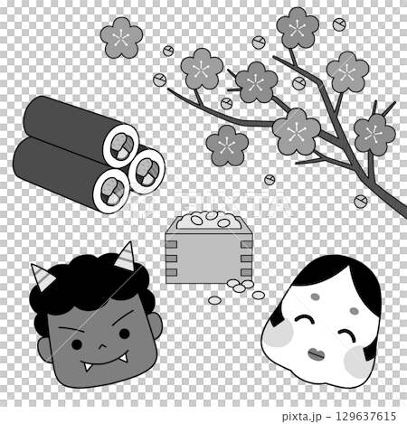 Monochrome hand-drawn illustration of Japanese Setsubun festival icons Monochrome hand-drawn illustration of Japanese Setsubun festival icons 129637615