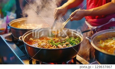 Asian culinary scene featuring traditional Malatang preparation in an urban night market setting Asian culinary scene featuring traditional Malatang preparation in an urban night market setting 129637867