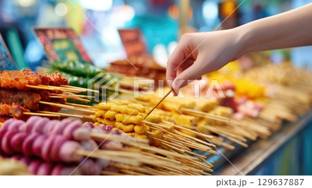 Asian culinary lifestyle image showcasing traditional Malatang preparation at a lively food court Asian culinary lifestyle image showcasing traditional Malatang preparation at a lively food court 129637887