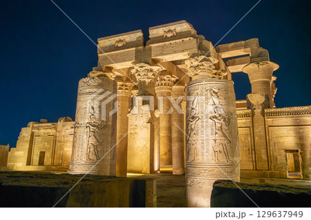 Majestic Columns at Temple of Kom Ombo Egypt Night Scene 129637949