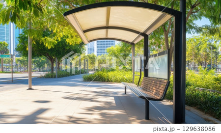Artistic bus stop with curved canopy and terrazzo flooring styled in minimal tones for modern urban spaces 129638086