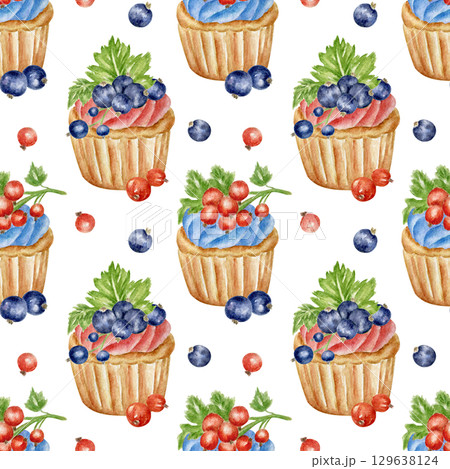 Seamless pattern with sweet red and black currant muffins. Watercolor print for festive textiles, confectionery packaging, culinary paper, scrapbooking. Colorful pattern with pastries summer berries. Seamless pattern with sweet red and black currant muffins. Watercolor print for festive textiles, confectionery packaging, culinary paper, scrapbooking. Colorful pattern with pastries summer berries. 129638124