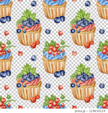 Seamless pattern with sweet red and black currant muffins. Watercolor print for festive textiles, confectionery packaging, culinary paper, scrapbooking. Colorful pattern with pastries summer berries. Seamless pattern with sweet red and black currant muffins. Watercolor print for festive textiles, confectionery packaging, culinary paper, scrapbooking. Colorful pattern with pastries summer berries. 129638124