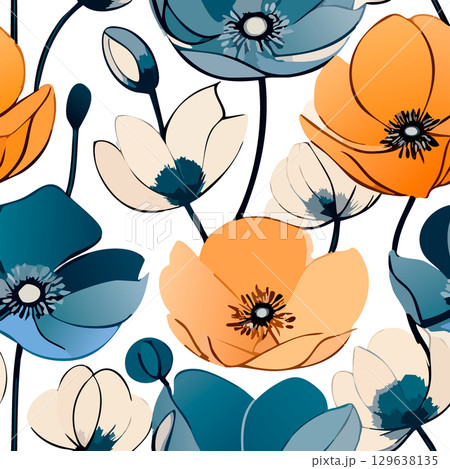 Seamless floral pattern with colorful flowers and butterflies on a transparent background Seamless floral pattern with colorful flowers and butterflies on a transparent background 129638135