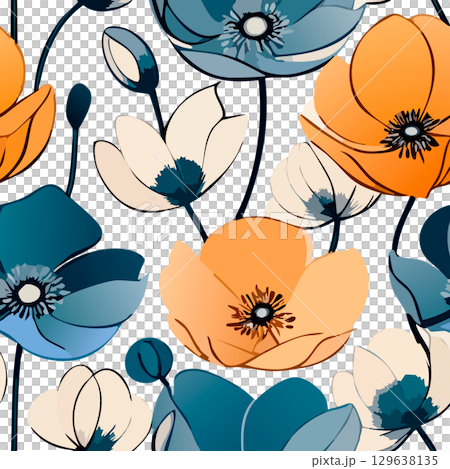 Seamless floral pattern with colorful flowers and butterflies on a transparent background Seamless floral pattern with colorful flowers and butterflies on a transparent background 129638135