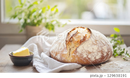 Artisan sourdough bread on rustic wooden table with linen cloth and butter in soft natural morning light for cozy homestead kitchen atmosphere 129638191