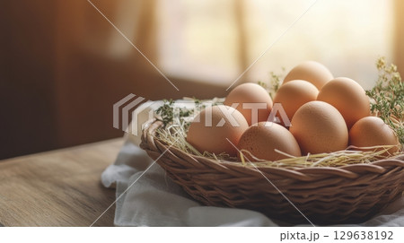Minimal earthy composition of natural eggs and linen in heritage homestead vibe Minimal earthy composition of natural eggs and linen in heritage homestead vibe 129638192