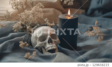 Black candle with white ceramic skull and dried flowers on wrinkled linen fabric in moody daylight for minimal Halloween styling 129638215