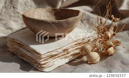 Recycled torn-edge paper stack styled with clay, jute and linen in soft light - great for stationery, branding and artisan visuals 129638357