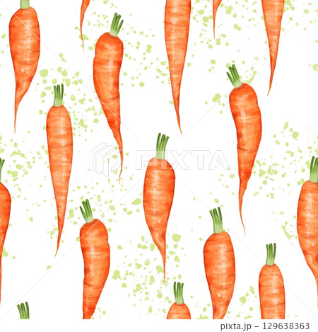 Carrot in a watercolor style, healthy food seamless pattern. Vegetables background. 129638363