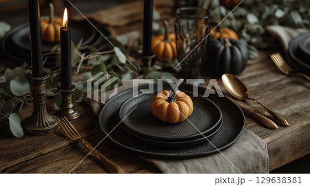 Rustic seasonal tablescape with pumpkins and natural textures 129638381
