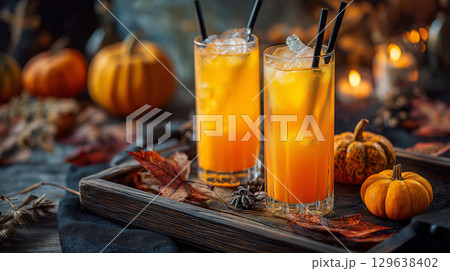 Cozy seasonal drink setup with rustic details and warm lighting 129638402