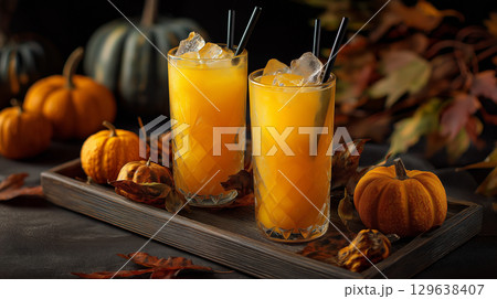 Orange Halloween cocktails with black straws, mini pumpkins and dried leaves on rustic dark wooden tray in soft light 129638407