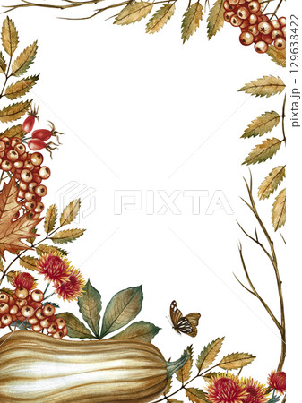 Autumn vertical frame with pumpkin, leaves, chrysanthemum flowers, and rowan berries. Hand-drawn watercolor illustration. For autumn holidays, greeting cards, invitations, posters, and more. 129638422