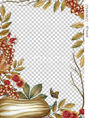 Autumn vertical frame with pumpkin, leaves, chrysanthemum flowers, and rowan berries. Hand-drawn watercolor illustration. For autumn holidays, greeting cards, invitations, posters, and more. 129638422