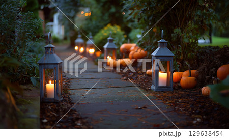 Garden path decorated with glowing lanterns, orange pumpkins and fallen autumn leaves for cozy outdoor Halloween decor 129638454