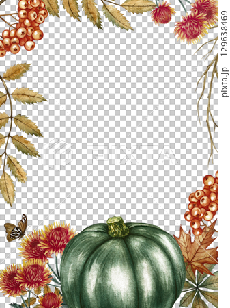 Autumn vertical frame with green pumpkin, leaves, chrysanthemum flowers, and rowan berries. Hand-drawn watercolor illustration. For autumn holidays, greeting cards, invitations, posters, and more. 129638469